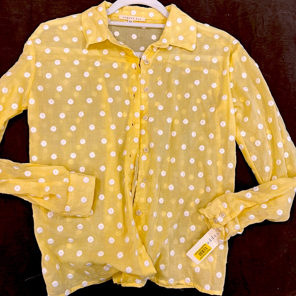 Copper key. Yellow embroidery dot blouse